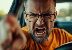 An aggressive driver displaying road rage, pointing a finger angrily at another vehicle while tailgating on a busy highway.